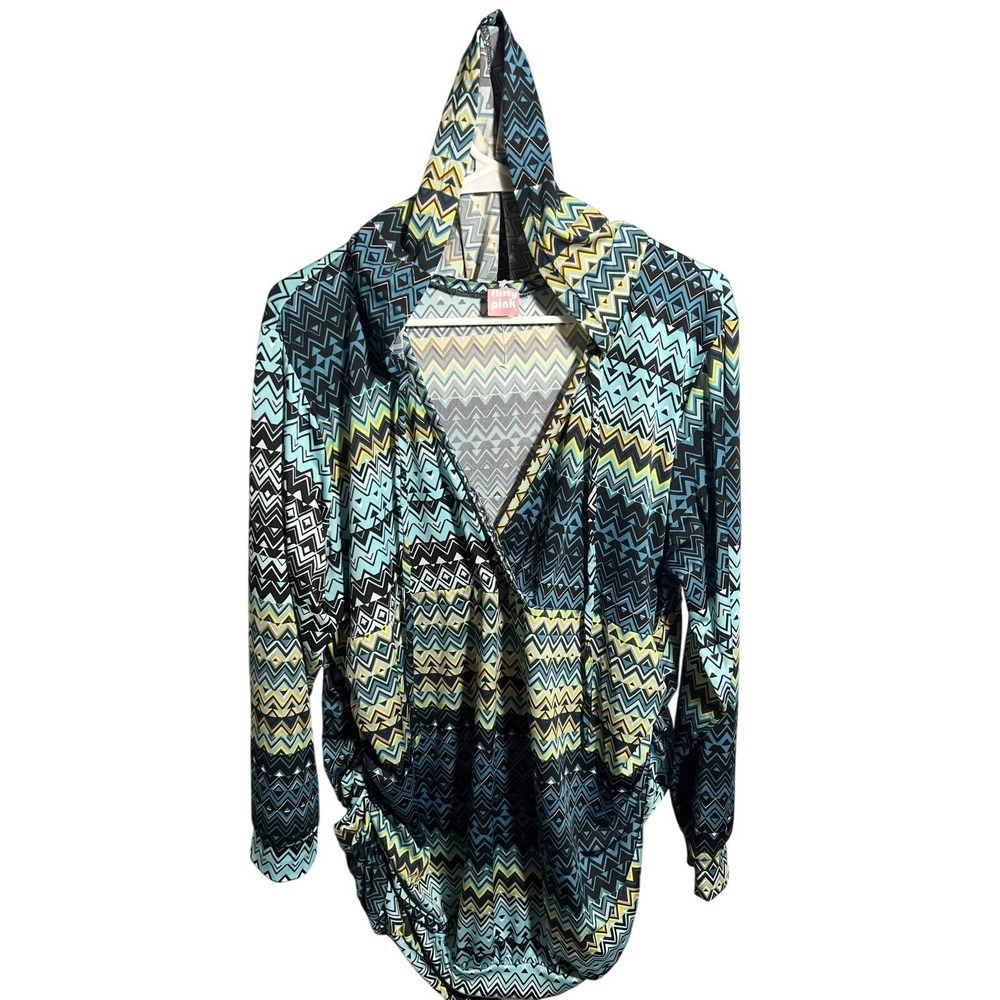 Flirty Pink Women's Hooded Tunic‎ Top Blouse Blue Black Yellow Geometric Pattern